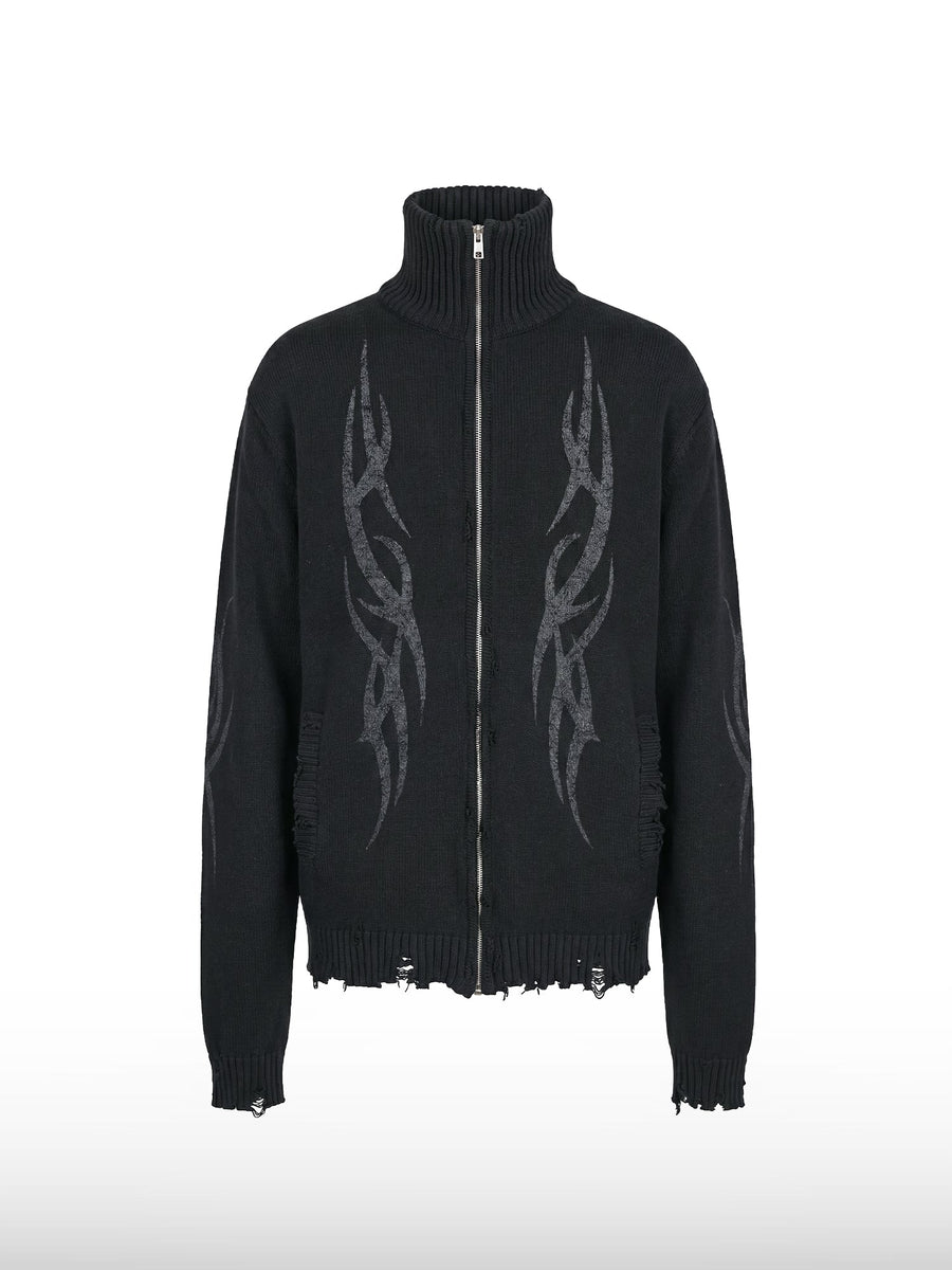 Distressed Tribal Zip Sweater
