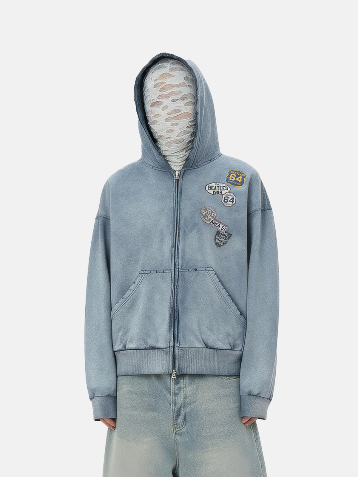 Patched Blue Zip Hoodie