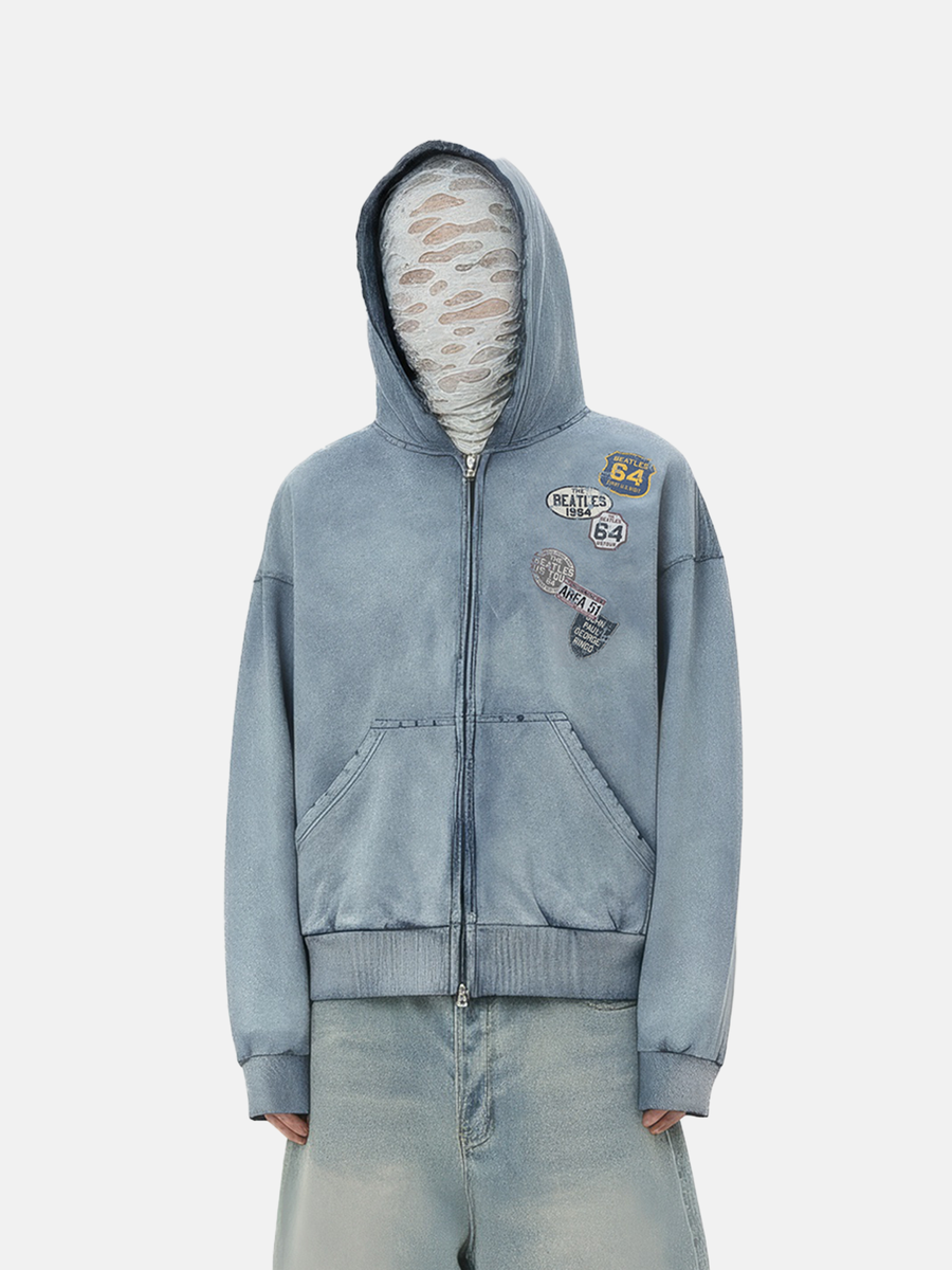 Patched Blue Zip Hoodie